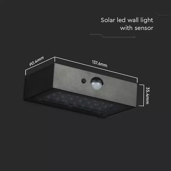 V-TAC napelemes tégla alakú fali lámpa 3W, 2in1 színhővel, szenzorral, fekete házzal - SKU 10305