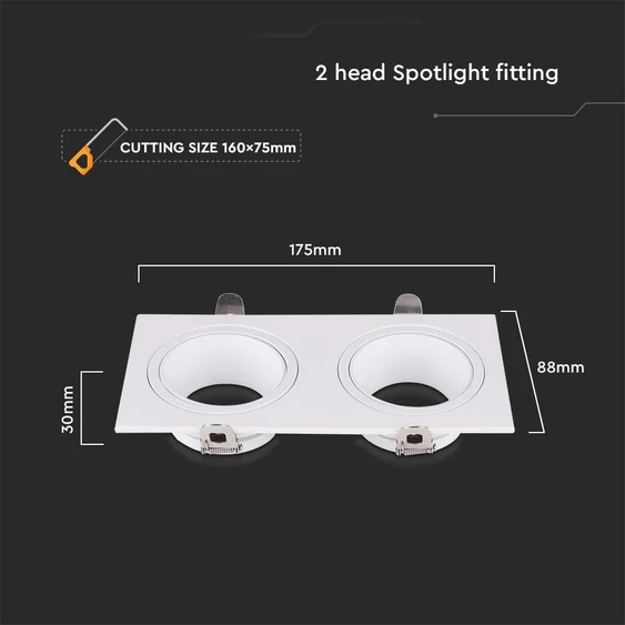 V-TAC négyzet GU10 2 foglalatos LED spotlámpa keret, fehér lámpatest - SKU 10298