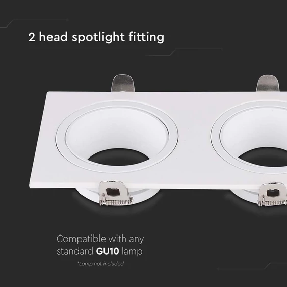 V-TAC négyzet GU10 2 foglalatos LED spotlámpa keret, fehér lámpatest - SKU 10298
