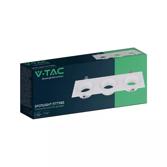 V-TAC téglalap GU10 3 foglalatos LED spotlámpa keret, fehér lámpatest - SKU 10299