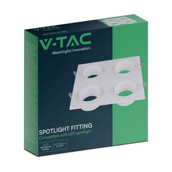 V-TAC négyzet GU10 4 foglalatos LED spotlámpa keret, fehér lámpatest - SKU 23003