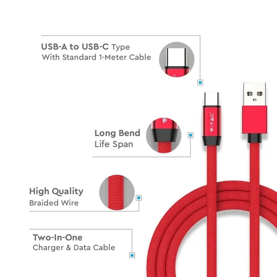 V-TAC piros, USB - Type-C 1m hálózati kábel - SKU 8631