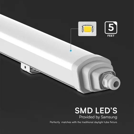 V-TAC polikarbonát LED lámpa 150cm 48W IP65 hideg fehér 120 Lm/W (GT-Széria) - SKU 23390