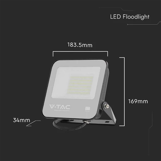 V-TAC PRO D-széria LED reflektor 50W meleg fehér 115 Lm/W, fekete ház - SKU 23199