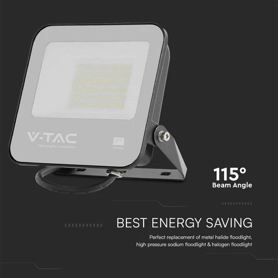 V-TAC PRO D-széria LED reflektor 50W meleg fehér 115 Lm/W, fekete ház - SKU 23199