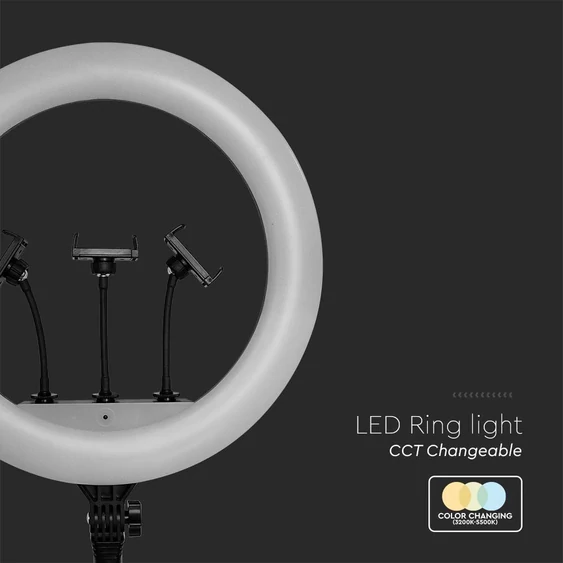 V-TAC Ring light, szelfi gyűrűs LED lámpa tripod, selfie körlámpa 3 db telefontartóval - SKU 23047