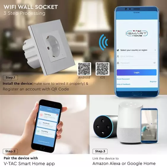 V-TAC Smart - okostelefonnal kapcsolható, WiFi-s, fehér, fali aljzat - SKU 8798
