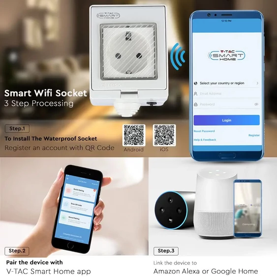 V-TAC Smart - okostelefonnal kapcsolható, WiFi-s, vízálló, fali aljzat - SKU 8414