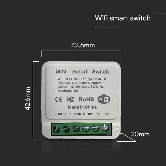 V-TAC SMART WiFi egysarkú kapcsoló, maximum 150W-ig - SKU 23604