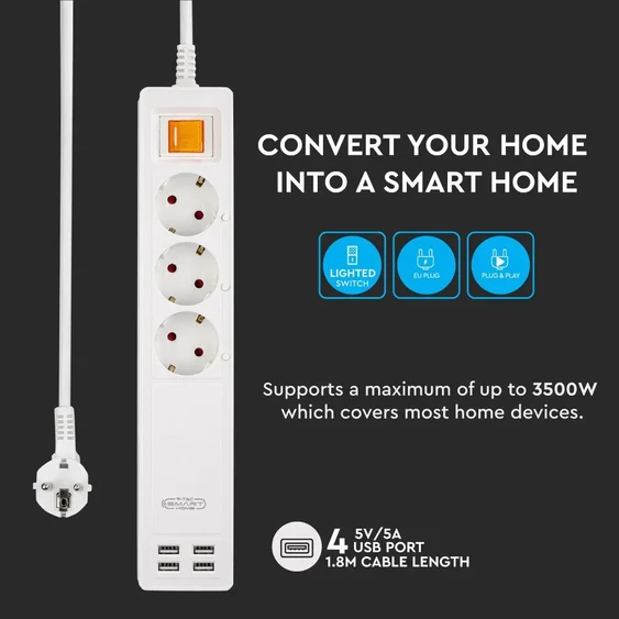 V-TAC Smart - WiFi-s elosztó, 3db aljzattal, 4db USB csatlakozóval - SKU 8447