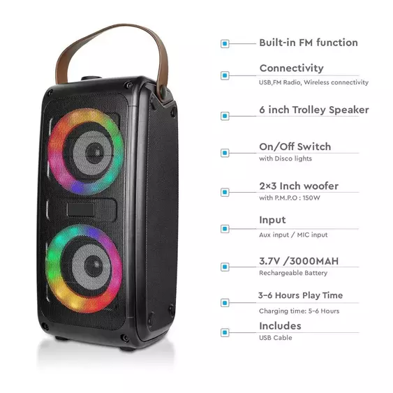 V-TAC Soundor 20W Bluetooth hordozható hangszóró LED világítással, 2x3 inch - SKU 6664