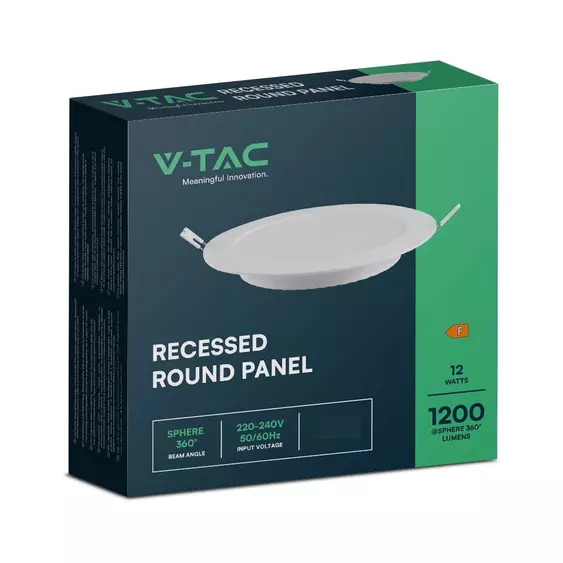 V-TAC süllyeszthető, műanyag házas, kerek LED panel 12W, hideg fehér - SKU 7863