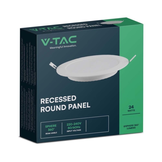 V-TAC süllyeszthető, műanyag házas, kerek LED panel 24W, természetes fehér - SKU 7868