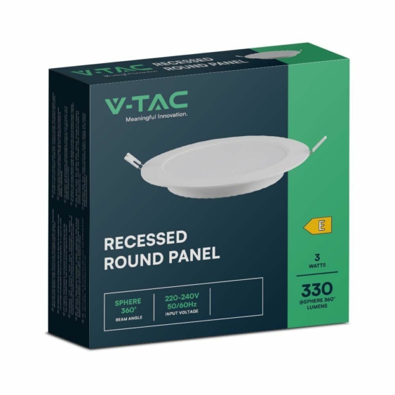 V-TAC süllyeszthető kerek Back-Lit LED panel 3W, meleg fehér, 110 Lm/W - SKU 7855