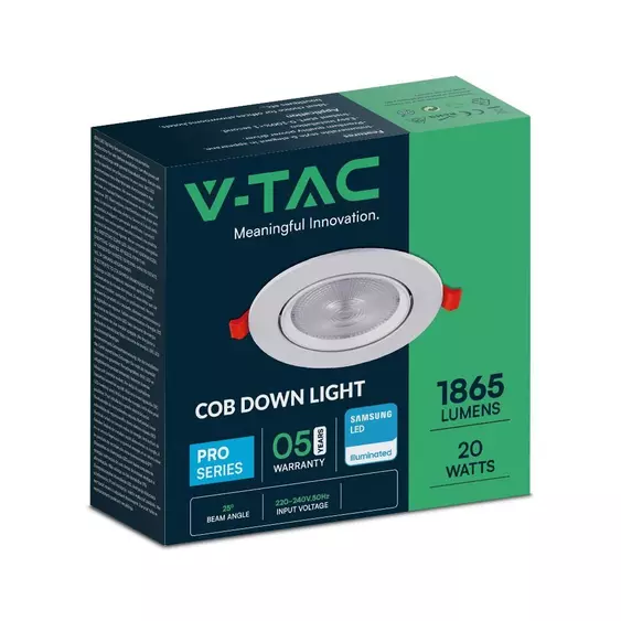 V-TAC süllyeszthető LED SMD mélysugárzó lámpa 20W hideg fehér, 95 Lm/W - SKU 21844