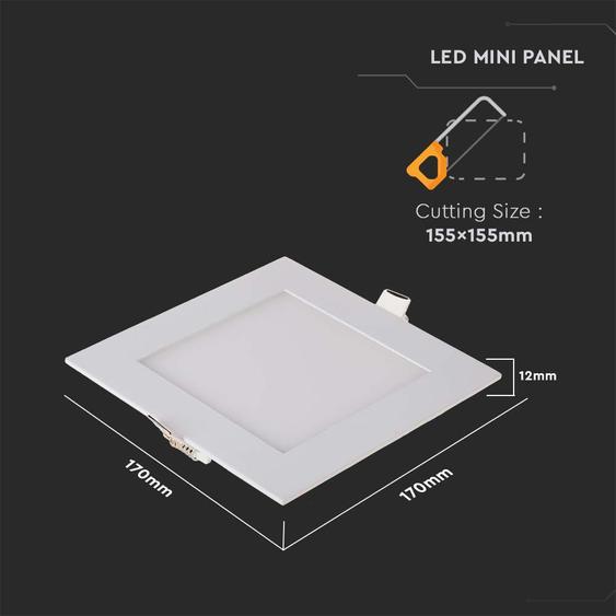 V-TAC süllyeszthető mennyezeti szögletes LED panel 12W meleg fehér - SKU 214866