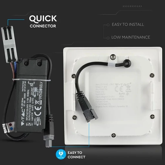 V-TAC süllyeszthető mennyezeti szögletes LED panel 6W hideg fehér - SKU 705