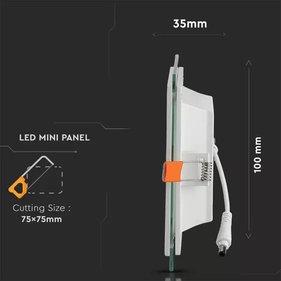 V-TAC süllyeszthető mennyezeti szögletes üveg LED panel 6W meleg fehér - SKU 4738