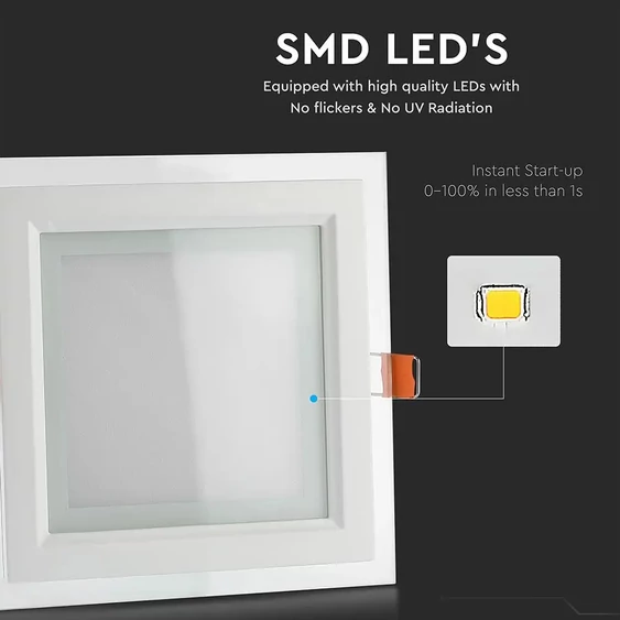 V-TAC süllyeszthető mennyezeti szögletes üveg LED panel 6W meleg fehér - SKU 4738