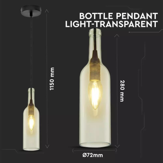 V-TAC üveg alakú, átlátszó lámpa, függeszték E14 foglalattal - SKU 3771