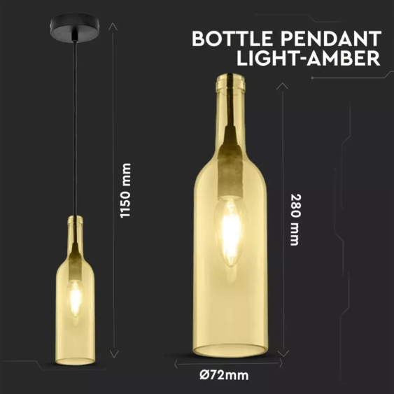 V-TAC üveg alakú, borostyán lámpa, függeszték E14 foglalattal - SKU 3770