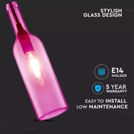 V-TAC üveg alakú, magenta lámpa, függeszték E14 foglalattal - SKU 3774