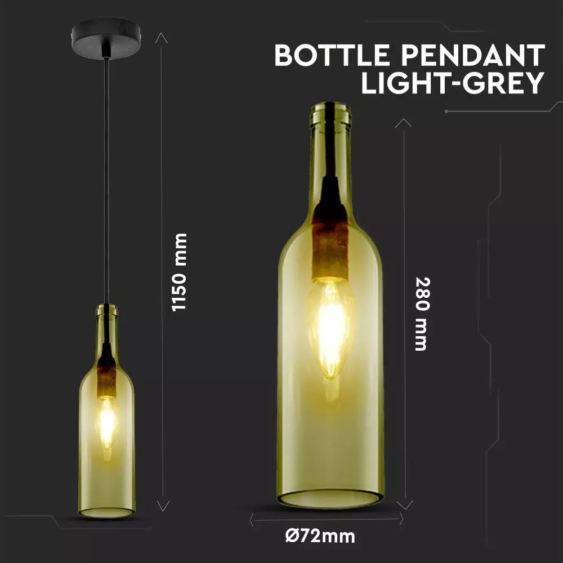V-TAC üveg alakú, szürke lámpa, függeszték E14 foglalattal - SKU 3775