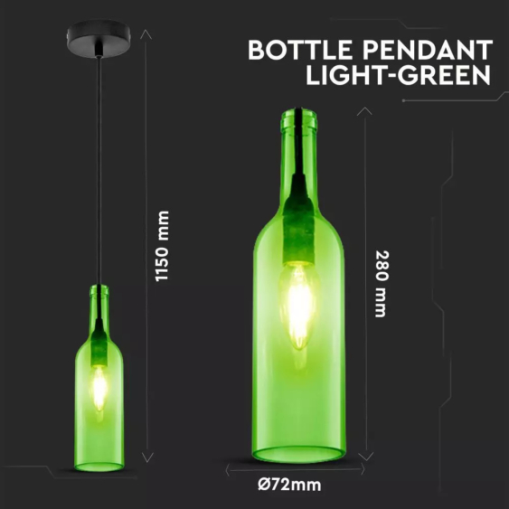 V-TAC üveg alakú, zöld lámpa, függeszték E14 foglalattal - SKU 3767