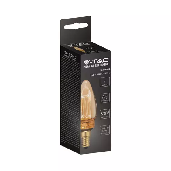 V-TAC Vintage 2W borostyán E14 meleg fehér ART filament C35 LED gyertya égő - SKU 217472