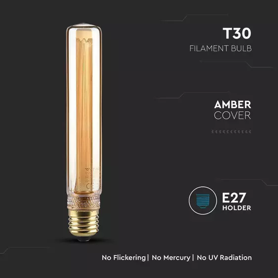 V-TAC Vintage 2W borostyán E27 meleg fehér ART filament T30 LED égő - SKU 217473