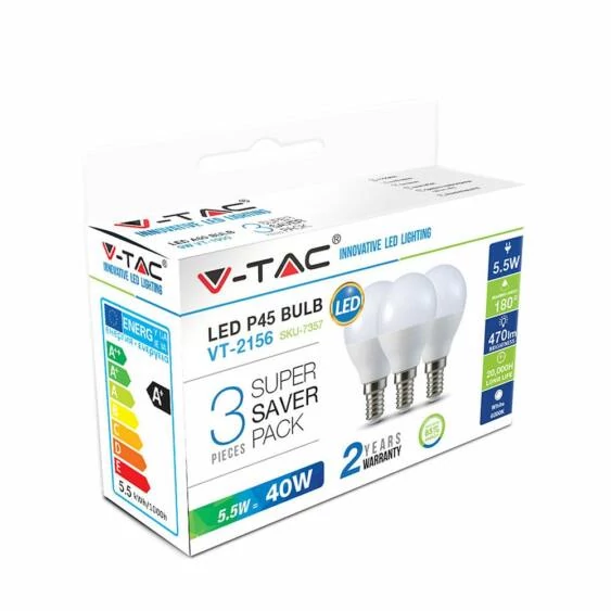 V-TAC 5.5W E14 hideg fehér LED égő csomag (3 db) - SKU 7359