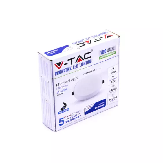 V-TAC süllyeszthető mennyezeti kerek LED panel 20W meleg fehér - SKU 614