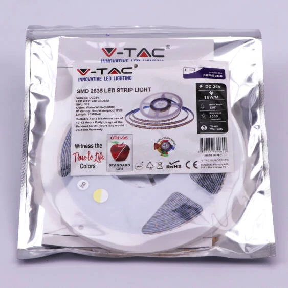 V-TAC LED szalag IP20 SMD 2835 chip 240 db/m meleg fehér CRI>95 - SKU 331