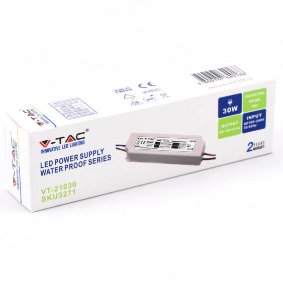 V-TAC műanyagházas IP67 LED tápegység 12V 30W 2.5A - SKU 3271