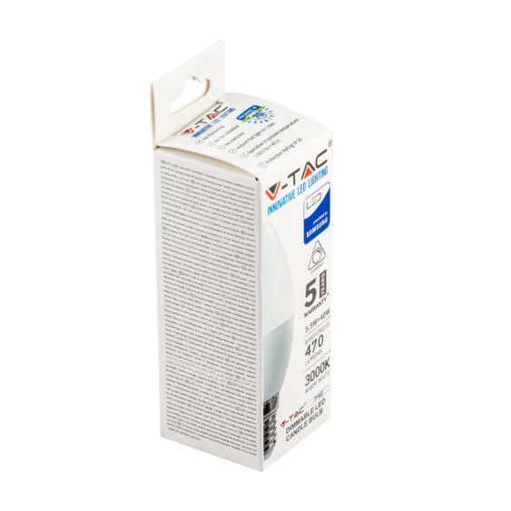 V-TAC 5.5W dimmelhető E14 meleg fehér LED gyertya égő - SKU 20045